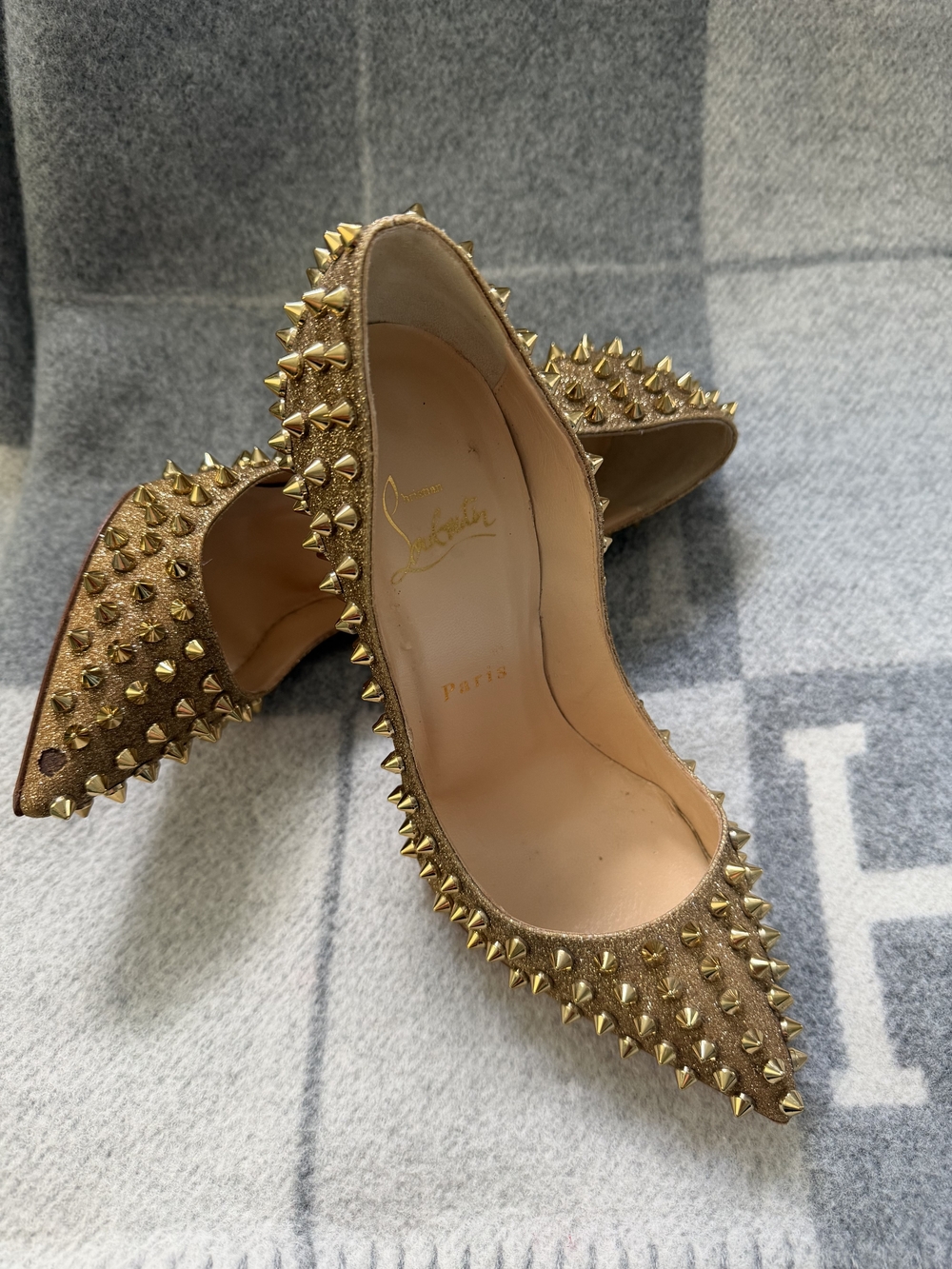 Christian Louboutin Gold Glitter Spiked Pumps Size 37